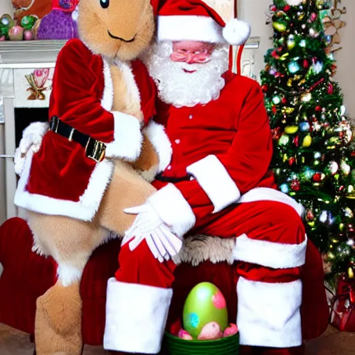 Image similar to santa sitting on the easter bunny's lap