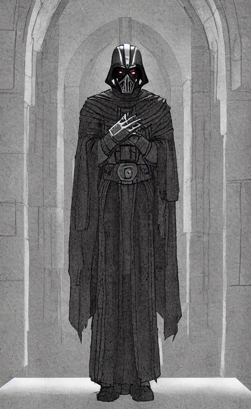 Image similar to « darth bane in an ancient sith temple stylized as a catholic church, bane sith, very realistic, trending on artstation »