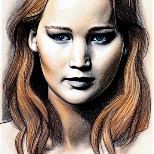 Image similar to Milo Manara drawing, woman with Jennifer Lawrence's face, detailed, 4k