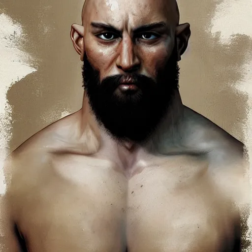 Prompt: A portrait of a bald muscular fighter with a bushy beard and exposed chest with tattoos, he wears brass knucles on his clenched fists, fantasy, digital art by Ruan Jia, Donglu Yu