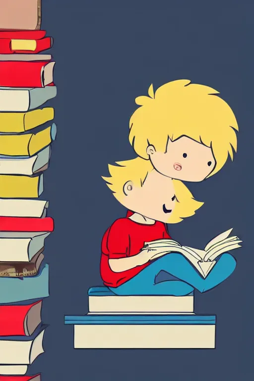 Prompt: a little boy with blonde hair sits cross legged on top of a tall pile of books. he is reading. clean elegant pretty cartoon painting, beautiful detailed face, storybook illustration.