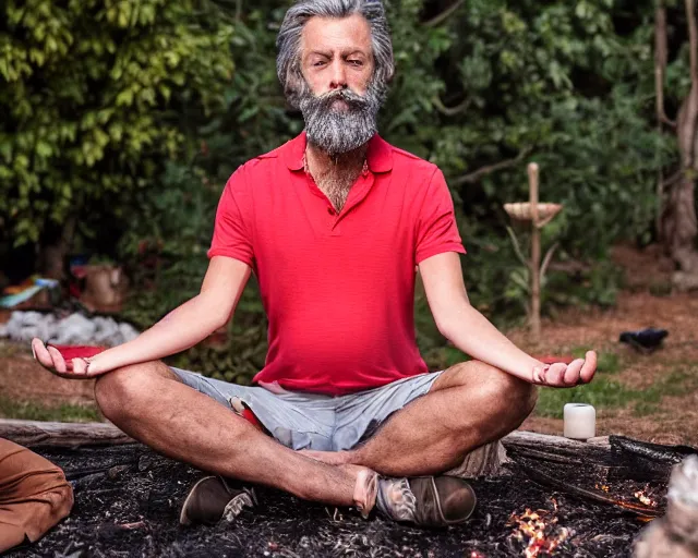 Image similar to mr robert smoke weed and meditate in the garden, near the campfire, he has dark grey hairs, detailed glad face, muscular chest, pregnant belly, golden hour closeup photo, red elegant shirt, eyes wide open, ymmm and that smell