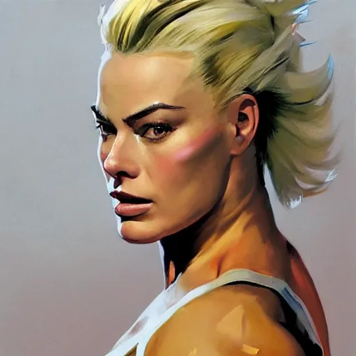 Prompt: greg manchess portrait of margot robbie as thick female bodybuilder zarya from overwatch, epic grimdark, fantasy, medium shot, asymmetrical, profile picture, organic painting, sunny day, matte painting, bold shapes, hard edges, street art, trending on artstation, by huang guangjian and gil elvgren and sachin teng