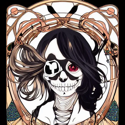 Prompt: anime manga skull portrait young woman hair murakami joker comic skeleton illustration style by Alphonse Mucha pop art nouveau