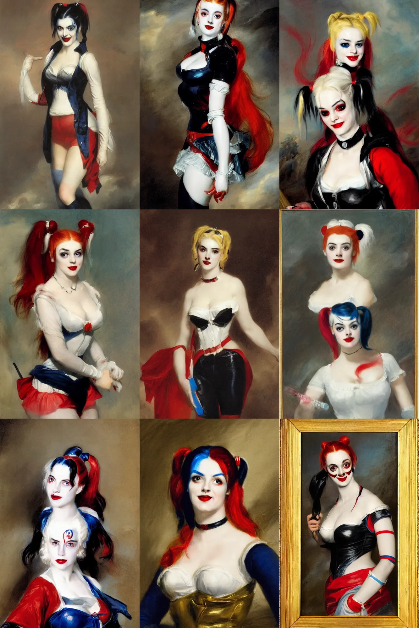 Prompt: Harley Quinn, portrait by Thomas Lawrence