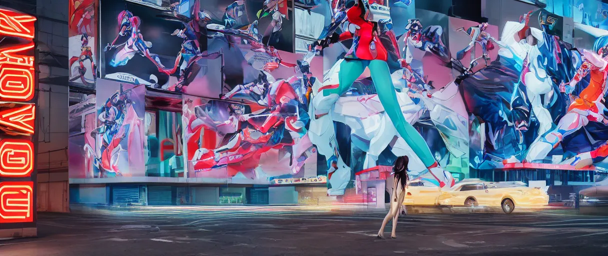 Image similar to billboard advertisement with an extremely beautiful photo of a white marble statue of an anime girl with colorful motocross logos and motorcycle helmet with closed visor, colorful smoke in the background, carved marble statue, fine art, neon genesis evangelion, virgil abloh, offwhite, denoise, highly detailed, 8 k, hyperreal