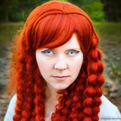 Image similar to woman with long curly red hair in villager cosplay from super smash brothers video game. relaxed. realistic photo. cosplay photoshoot. high detail. convention photo.