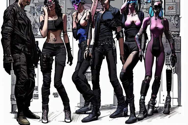 Prompt: cyberpunk heist crew entering club. portrait by stonehouse and mœbius and will eisner and gil elvgren and pixar. character design. realistic proportions. dystopian. cyberpunk 2 0 7 7 character art, blade runner 2 0 4 9 concept art. cel shading. attractive face. thick lines. the team. diverse characters.