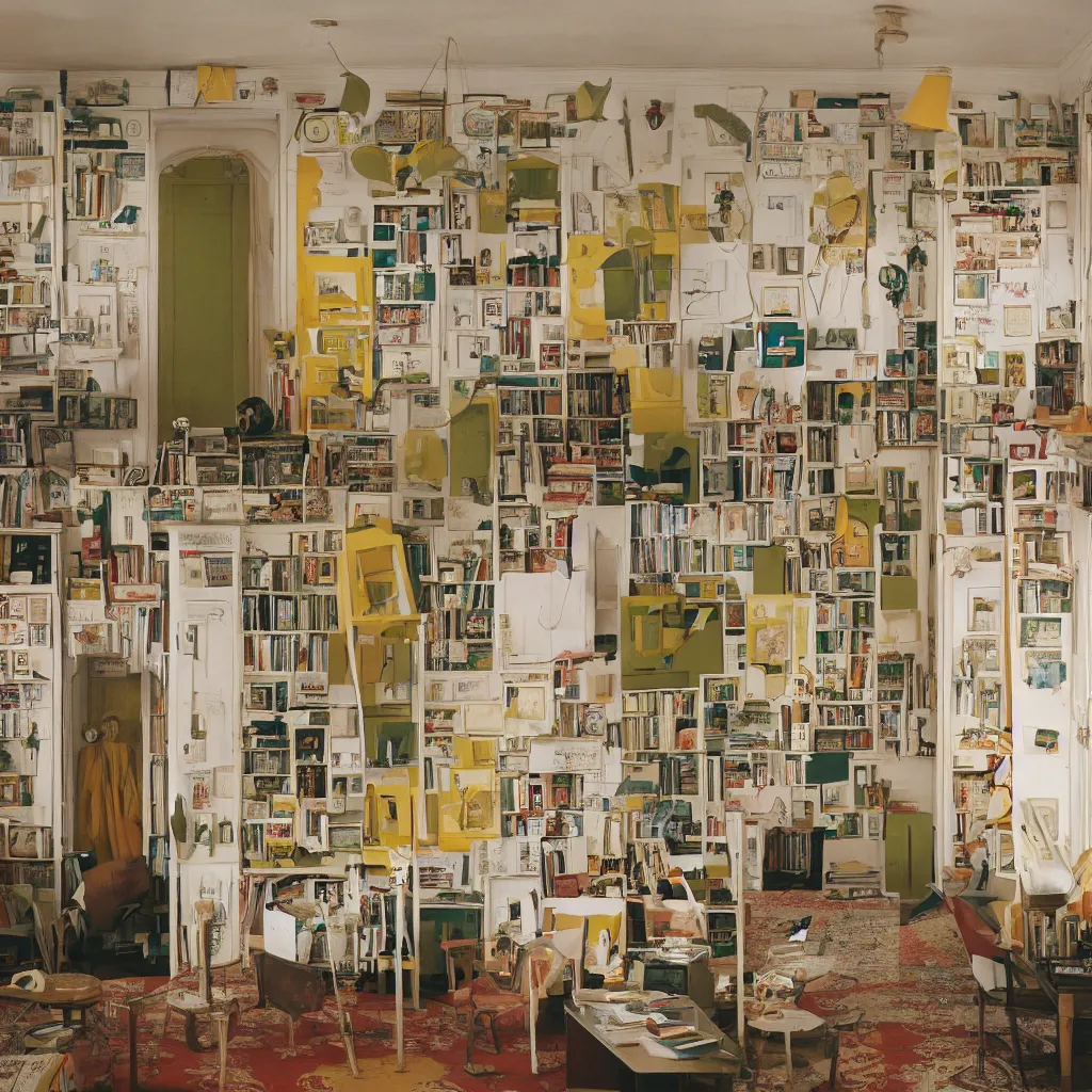 Prompt: promotional photograph of a room in the style of Wes Anderson, architecture magazine, dezeen, 50mm, pentax, film