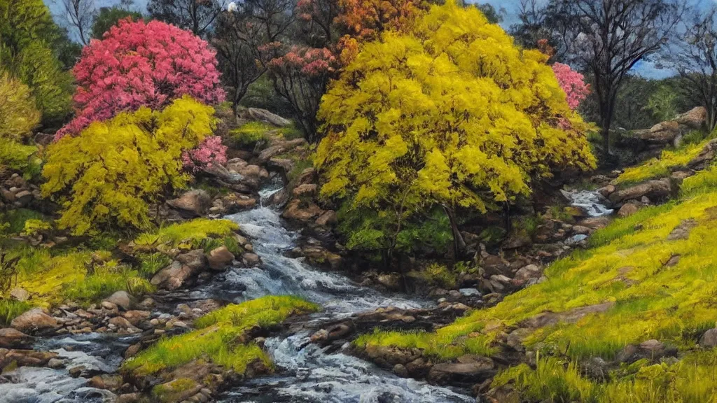 Prompt: A beautiful landscape oil painting of a hill with trees, some people are getting a shower in the river and some others are under the trees, the spring has arrived and the trees are blooming and covered with yellow, pink, purple and red flowers, the river come from the waterfall and is zigzagging and flowing its way, the river has lots of dark grey rocks, by Greg Rutkowski