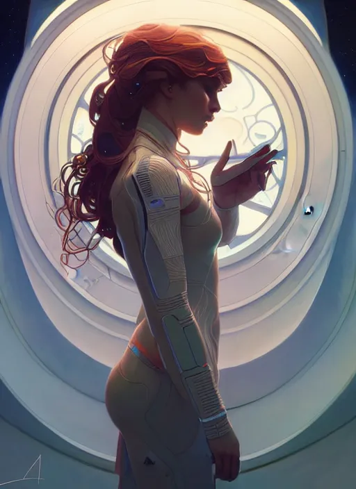 Image similar to symmetry, girl in a spaceship intricate, elegant, highly detailed, digital painting, artstation, concept art, smooth, sharp focus, illustration, art by artgerm and greg rutkowski and alphonse mucha