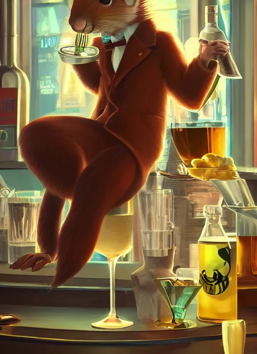 Prompt: squirrel anthro as a dapper bartender with a big fluffy tail, retro futurism, art deco, detailed painterly digital art by WLOP, 🐿🍸🍋, furaffinity, trending on artstation