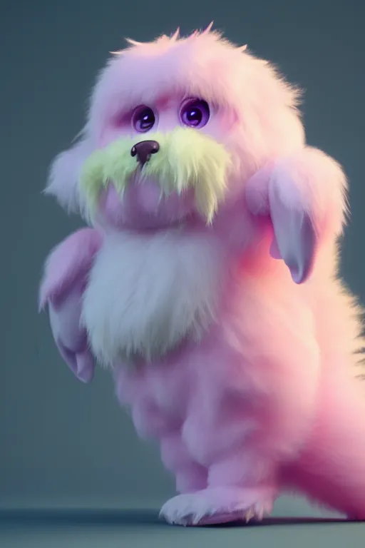 Image similar to high quality 3 d render hyperrealist very cute multipastel fluffy monster with fluffy wings, vray, smooth in _ the background, artstation