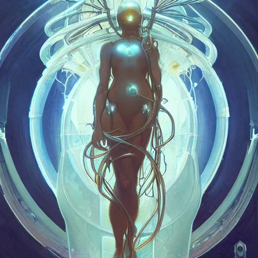 Prompt: A cybertronic jellyfish, sci-fi art by alphonse mucha and greg rutkowski, highly detailed, digital painting, concept art, illustration, dim lighting, trending on artstation, very detailed, smooth, sharp focus