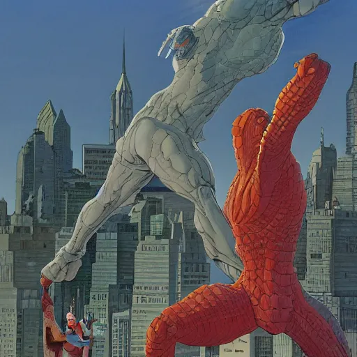 Image similar to jean giraud and moebius and don lawrence and alex ross and john romita jr, gouache and wash paints, smooth focus, sharp details, detailed details, bokeh, 4 k, fine 5 k details, fine details, fine intricate, fine facial proportionate, fine body proportionate / ultraman versus godzilla in city of new york