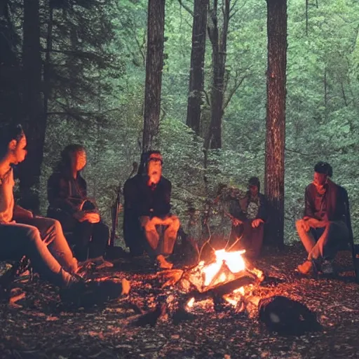 Prompt: A group of people sit around a campfire in the middle of a dark forest. They look tired and scared, Horror, Creepy, Spooky, Camcorder, VHS quality,