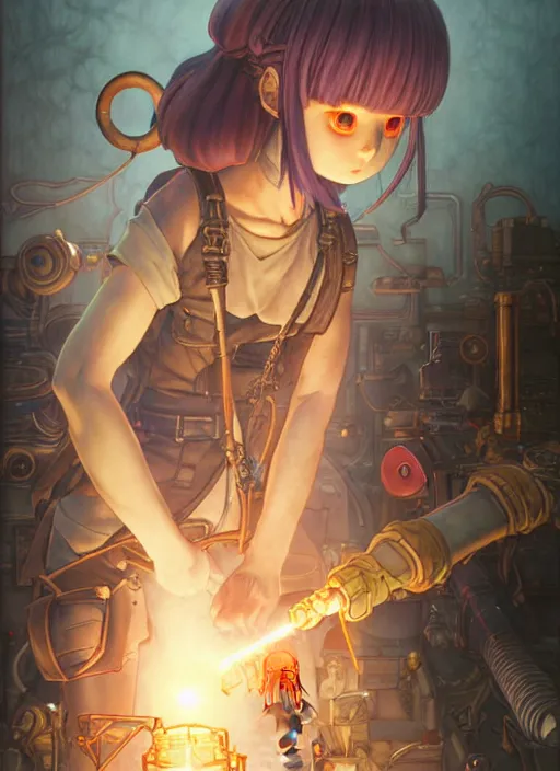 Image similar to prompt : ragnarok online portrait soft light painted by james jean and katsuhiro otomo and erik jones, inspired by akira anime, epic fantasy, a young tinker girl working on a device in her workshop, workshop in the background, intricate oil painting, high detail illustration, sharp high detail, manga and anime 1 9 9 9