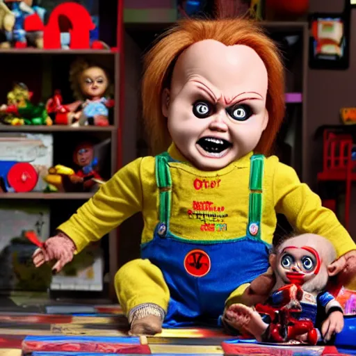 Prompt: Chucky the killer doll in a play room full of toys