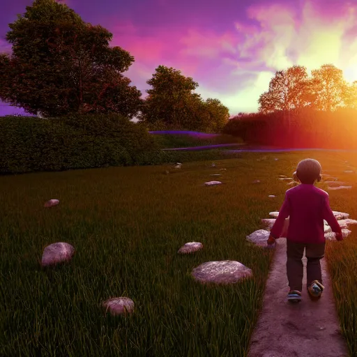 Image similar to a child walking down a liminal styled space stunning sunset in a heavenly crystallized garden of eden notan 3 d architecture single point perspective f 2 2 untra long shot wide angle lens trending on artstation