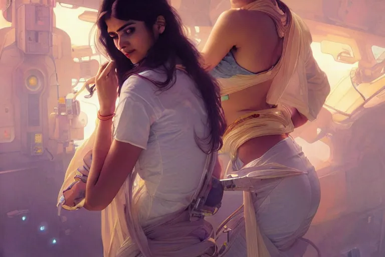 Image similar to Sensual good looking pale young Indian doctors wearing jeans partying in a space station above Earth performing surgery, portrait, elegant, intricate, digital painting, artstation, concept art, smooth, sharp focus, illustration, art by artgerm and greg rutkowski and alphonse mucha