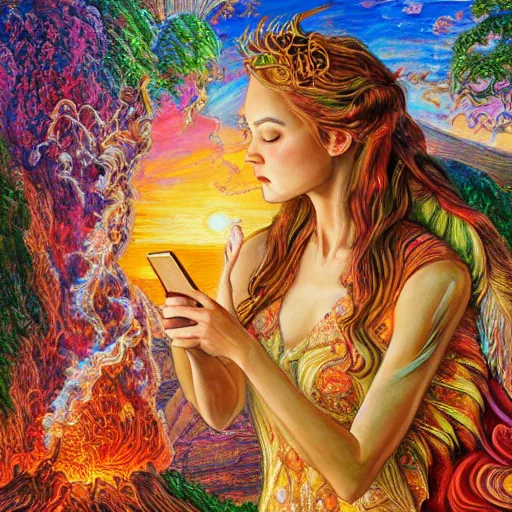 Prompt: a painting by josephine wall depicting a ramhorned goddes checking her cell phone, erupting volcano and sunrise in distance in background, flowers in foreground, acrylic on canvas, intricately detailed, highly detailed, high resolution, trending on artstation