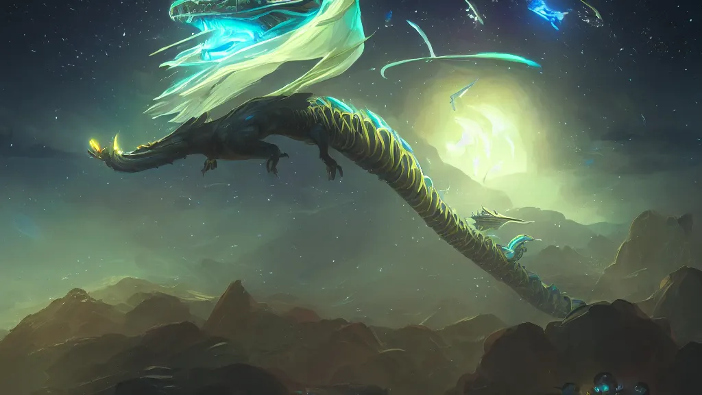 Image similar to a dragon worm flying through the night sky, glowing blue, surrounded by brilliant stars, by sylvain sarrailh, rossdraws, ambient light, ultra detailed, fantasy artwork, cinematic shot, 8 k, volumetric lighting, trending on artstation, award winning, very beautiful.