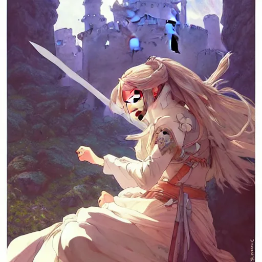 Image similar to the knight and the sword of rose petal, anime, castle core, mountains, rocky roads. by hayao miyazaki and rossdraws and artgerm and greg rutkowski and alphonse mucha and studio ghibli and ilya kuvshinov. high quality, stunning, intricate detailed environment. 8 k