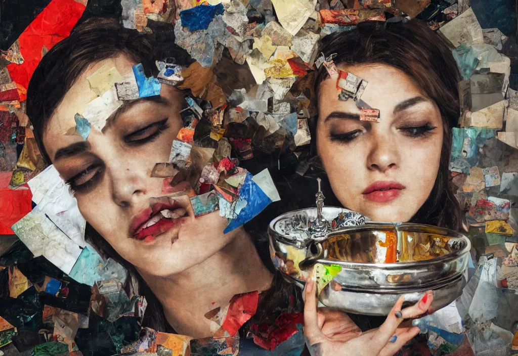 Prompt: oil painting, with an ashtray on top, collage, paper, girl faces, ultra detailed, high resolution, cinematic, unreal 6