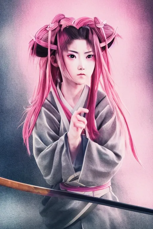 Prompt: highly detailed beautiful photo of a young female samurai, practising sword poses, symmetrical face, beautiful eyes, pink hair, realistic anime art style, 8 k, award winning photo, pastels colours, action photography, 1 / 1 2 5 shutter speed, sunrise lighting