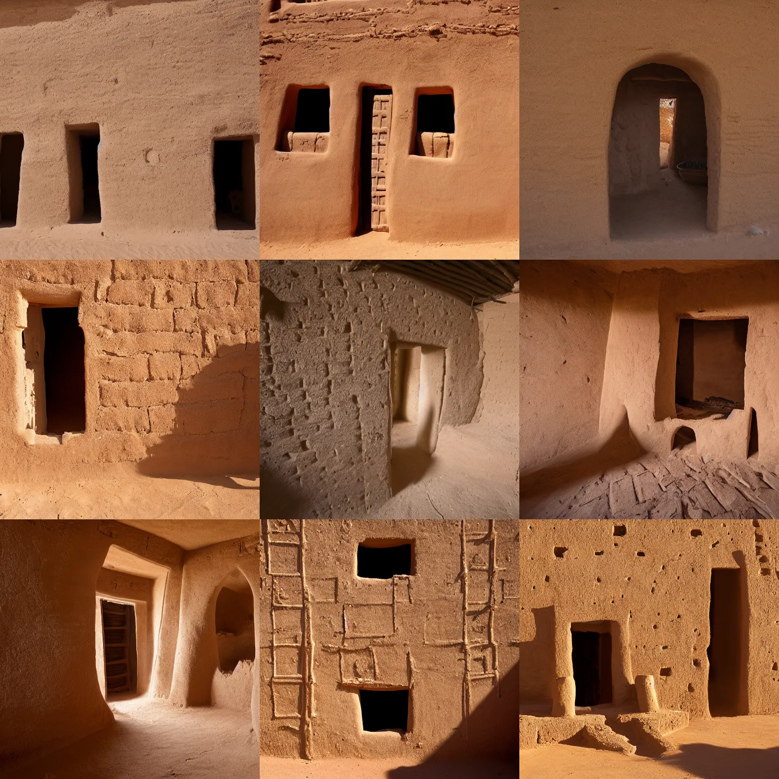 Prompt: High-quality photography of an old West African house made of mud bricks, Timbuktu, National Geographic