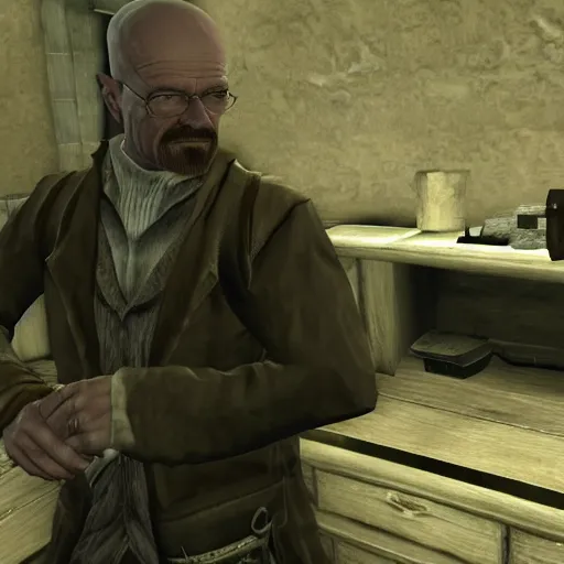 Prompt: in-game screenshot of Walter White as a detective in the game Skyrim