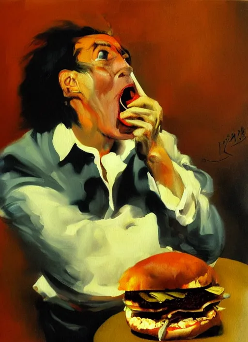 Prompt: jerma eating chicken sandwich, eyes watering painting by phil hale, fransico goya,'action lines '!!!, graphic style, visible brushstrokes, motion blur, blurry, visible paint texture, crisp hd image