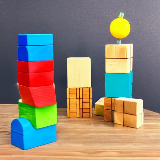 Prompt: wooden kids toy blocks city town of wood blocks stacked