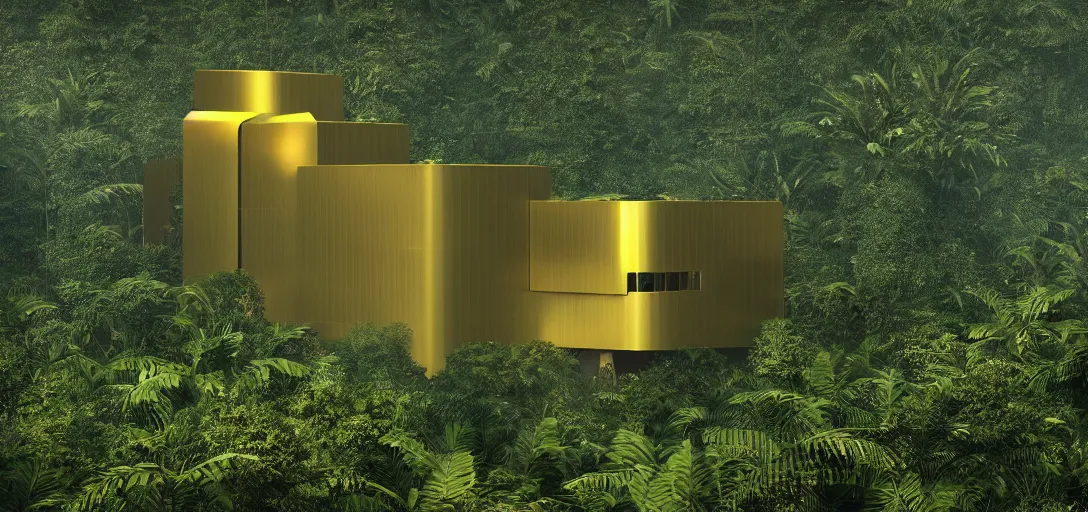 Prompt: futuristic shinny golden building camouflaged in an jungle landscape of a solarpunk world by oscar niemeyer, golden roads le corbusier and frank gerhy, brutalism, movie poster, golden ratio, at dusk lighting, evening lighting, reflections and refractions, film still, hyper realistic, octane render redshift arnold materials unreal engine, 8 k post production, hyper detailed