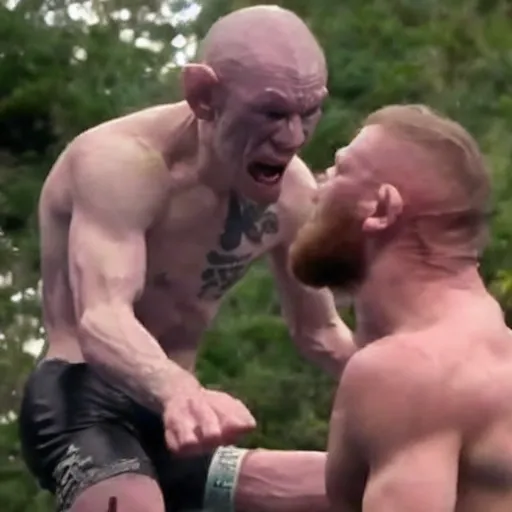 Image similar to gollum smeagol wrestling with conor mcgregor, ultra detailed, ultra realistic