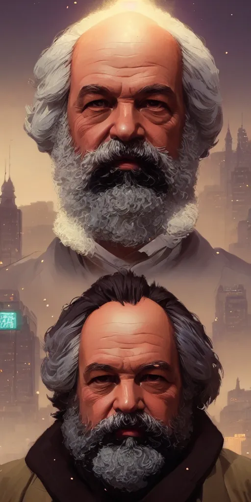 Image similar to highly detailed portrait karl marx in gta v, stephen bliss, unreal engine, fantasy art by greg rutkowski, loish, rhads, ferdinand knab, makoto shinkai and lois van baarle, ilya kuvshinov, rossdraws, tom bagshaw, global illumination, radiant light, detailed and intricate environment