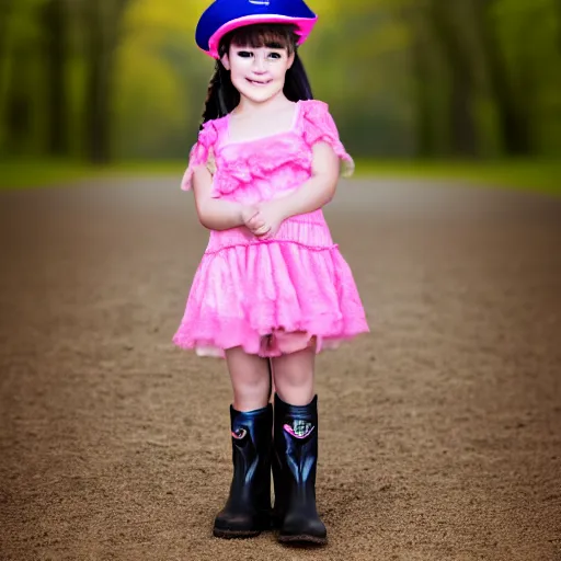 Image similar to young girl with dark hair, two ponytails, wears boots, next to her is a pink pony with a hat, photo taken by nikon, sharp focus, highly detailed, studio lightning, 4 k