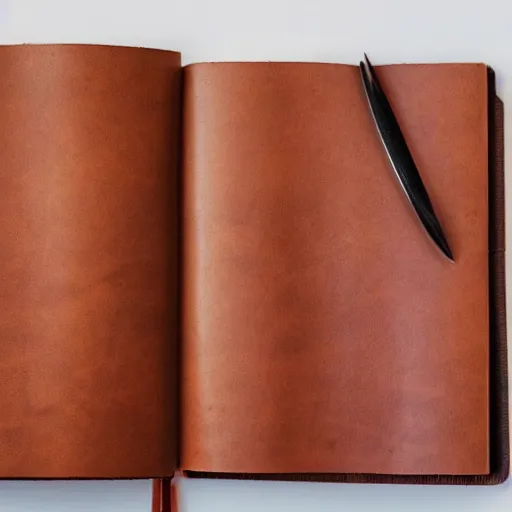 Prompt: a closeup of an open book a leather zipper cover with the middle pages folded over in an arch and eyeglasses sitting on the middle pages