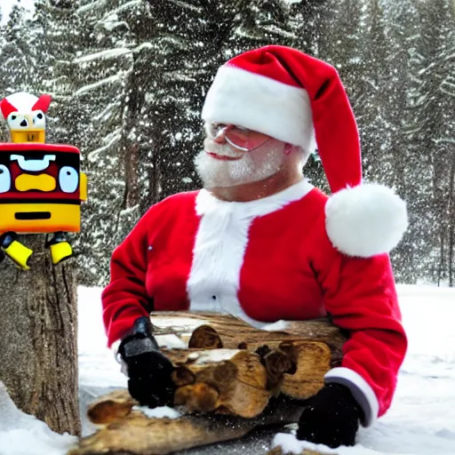 Image similar to robot santa and spongebob ride a tree log down an icy slope