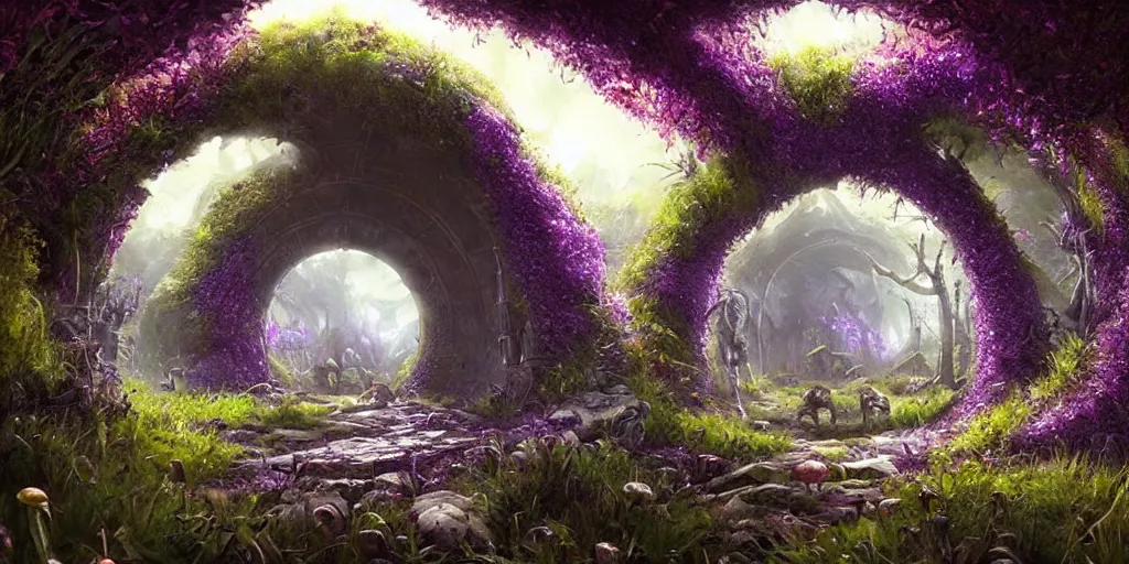 Prompt: beautiful hyper realistic zergling tunnel filled with purple crystals, overgrowth of grass, plants, mushrooms, beautiful painting by greg rutkowski set in lord of the rings, starcraft, atmosphere, ethereal, magic, amazing, positive vibes