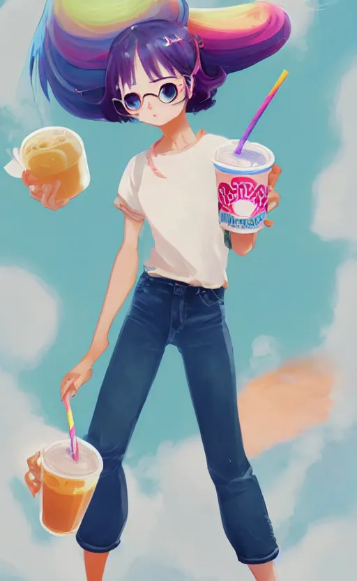 Image similar to a kawaii woman with rainbow hair, happy, summer time, holding boba tea drink, soft eyes and narrow chin, dainty figure, long hair straight down, kawaii shirt and jeans, basic white background, In style of by Jordan Grimmer and greg rutkowski, crisp lines and color