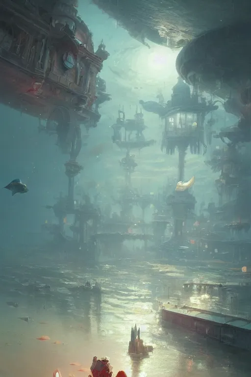 Prompt: a beautiful picture of a city under the sea ， fish shuttle ， a girl in lolita, by greg rutkowski and thomas kinkade, trending on artstation