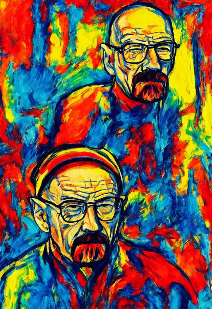 Image similar to expressionist painting of walter white on a motorbike, dynamic perspective, expressionist, colorful, clean, close up