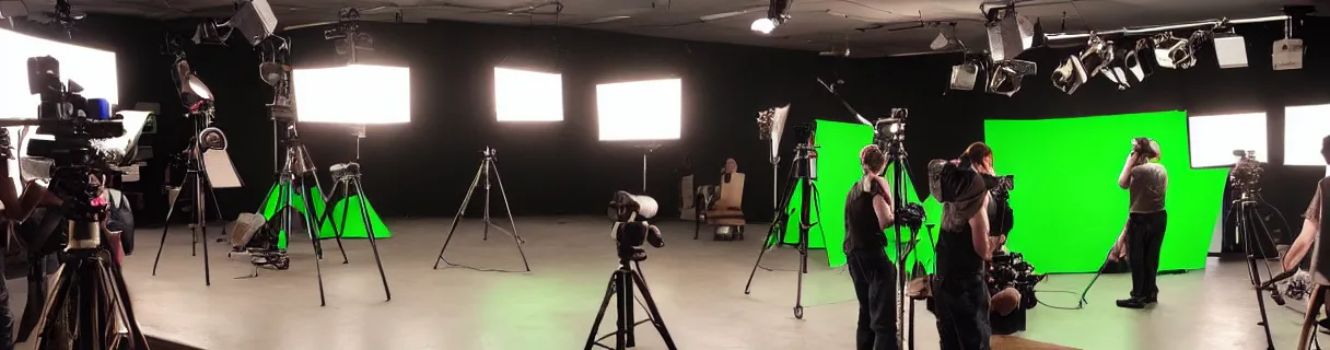 Image similar to photo of a movie set with a big bright green screen, small group of film crew, small group of actors, a few cameras, studio, movie set, realistic, studio lighting