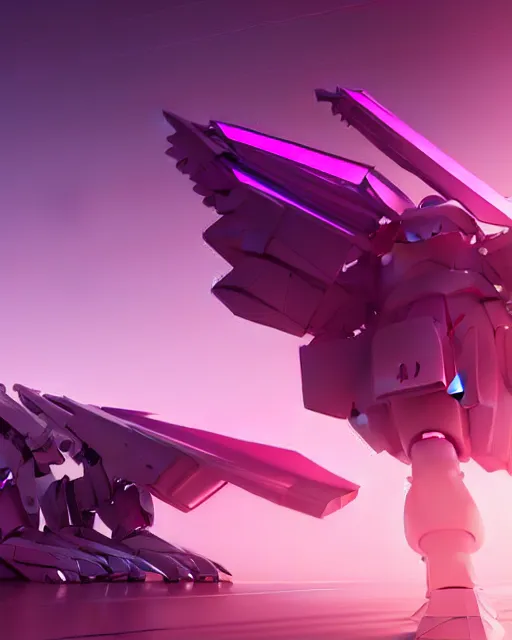 Prompt: hyperrealistic 3d render full mecha iridescent pink dramatic landscape concept art vray ute osterwald de chirico sharp cinematic very moody light 8k low angle shallow depth of field