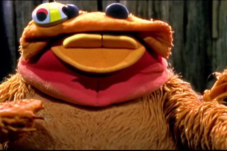 Image similar to a film still of pizza the hut in the muppets, high quality