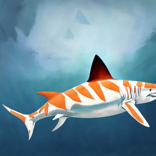 Image similar to great white shark tiger shark, side view, with a silver and orange striped traffic cone construction cone on its dorsal fin, ocean background detailed atmospheric - ron cheng & alphonse mucha, highly detailed, digital painting, ray tracing, concept art, illustration, smooth sharp focus, intricate, symmetry, artstation,