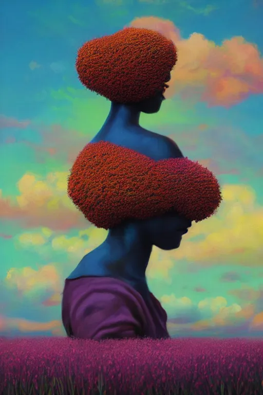 Image similar to closeup, giant flower as head, african woman in heather field, surreal photography, golden hour, colorful clouds, impressionist painting, digital painting, artstation, simon stalenhag
