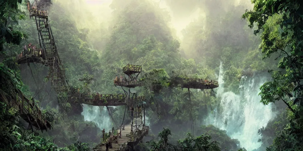 Image similar to jungle rainforest cliffs with treehouse village. tiered catwalks and rope bridges. wooden cabins. foggy valley and mountains fading into the distance, at sunset. waterfalls. neverland. peter pan kids wearing war paint and headdresses, standing on the rope bridges. dinosaurs. magic the gathering card art by greg rutkowski.