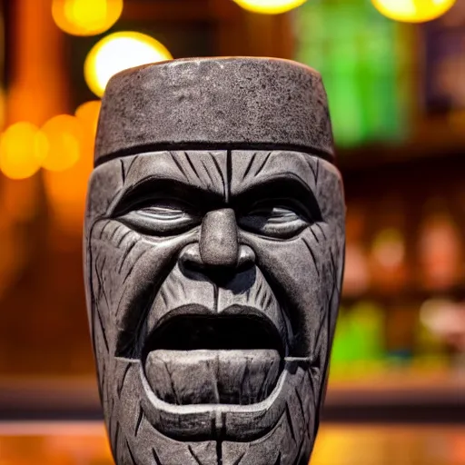 Prompt: a closeup photorealistic photograph of a thanos style tiki mug sitting at a trader vic's beach bar featuring the face of thanos. tiki party. bright scene. fine detail. this 4 k hd image is trending on artstation, featured on behance, well - rendered, extra crisp, features intricate detail, epic composition and the style of unreal engine.